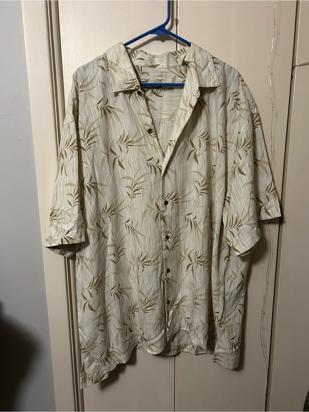 Tommy Bahama Cream and Tan Palm-Print Short Sleeve Button-Down
